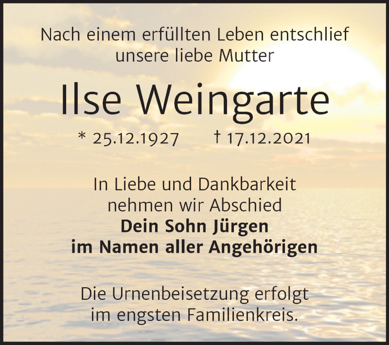  Traueranzeige für Ilse Weingarte vom 31.12.2021 aus Trauerkombi Bitterfeld