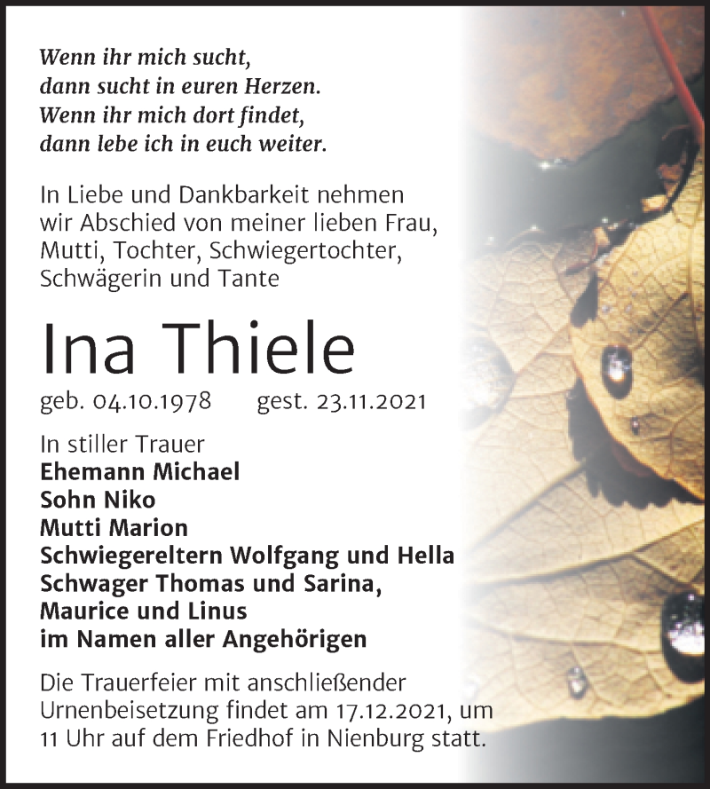  Traueranzeige für Ina Thiele vom 04.12.2021 aus Trauerkombi Bernburg