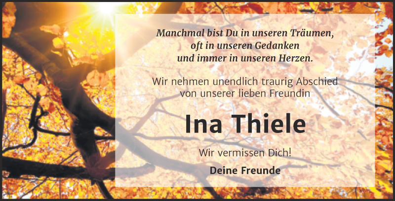  Traueranzeige für Ina Thiele vom 04.12.2021 aus Trauerkombi Bernburg