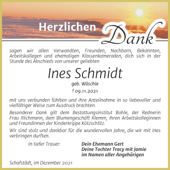 Traueranzeige von Ines Schmidt von Trauerkombi Merseburg