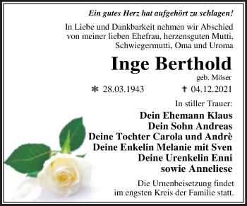 Traueranzeige von Inge Berthold von Trauerkombi Dessau