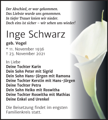 Traueranzeige von Inge Schwarz von Trauerkombi Weißenfels