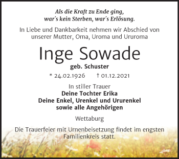 Traueranzeige von Inge Sowade von Wochenspiegel Naumburg/Nebra