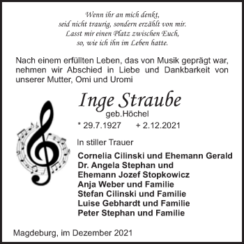Traueranzeige von Inge Straube von Trauerkombi Merseburg