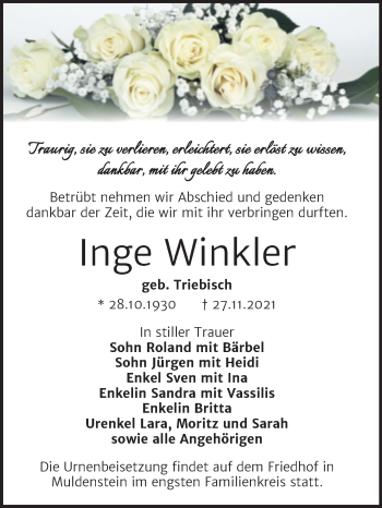 Traueranzeige von Inge Winkler von Trauerkombi Bitterfeld