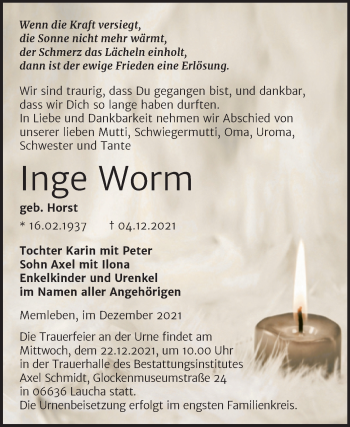 Traueranzeige von Inge Worm von Naumburger Tageblatt
