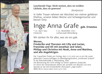 Traueranzeige von Inge Anna Grafe von Trauerkombi Wittenberg