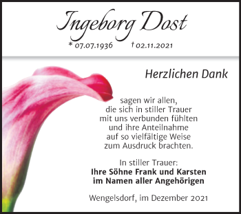 Traueranzeige von Ingeborg Dost von Trauerkombi Weißenfels