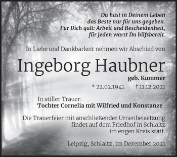 Traueranzeige von Ingeborg Haubner von Trauerkombi Bitterfeld