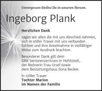 Traueranzeige von Ingeborg Plank von Trauerkombi Sangerhausen