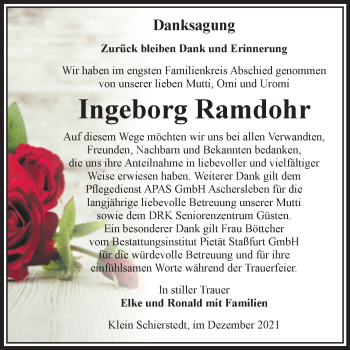 Traueranzeige von Ingeborg Ramdohr von Mitteldeutsche Zeitung Aschersleben