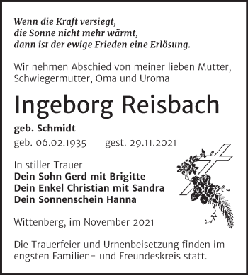 Traueranzeige von Ingeborg Reisbach von Trauerkombi Wittenberg