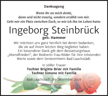 Traueranzeige von Ingeborg Steinbrück von Trauerkombi Merseburg
