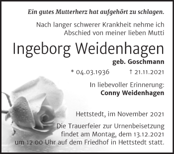 Traueranzeige von Ingeborg Weidenhagen von Super Sonntag Mansfelder Land