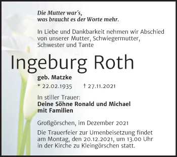 Traueranzeige von Ingeburg Roth von Trauerkombi Weißenfels