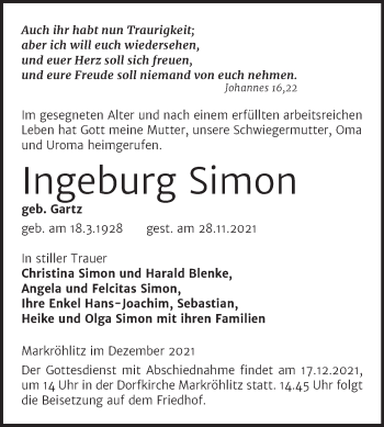 Traueranzeige von Ingeburg Simon von Mitteldeutsche Zeitung Weißenfels