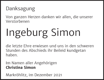 Traueranzeige von Ingeburg Simon von Mitteldeutsche Zeitung Weißenfels