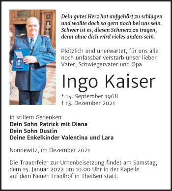 Traueranzeige von Ingo Kaiser von Trauerkombi Zeitz