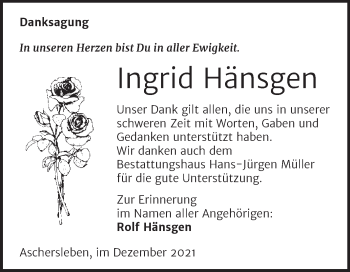 Traueranzeige von Ingrid Hänsgen von Trauerkombi Aschersleben