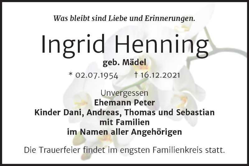  Traueranzeige für Ingrid Henning vom 25.12.2021 aus Trauerkombi Bernburg