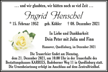 Traueranzeige von Ingrid Henschel von Trauerkombi Quedlinburg
