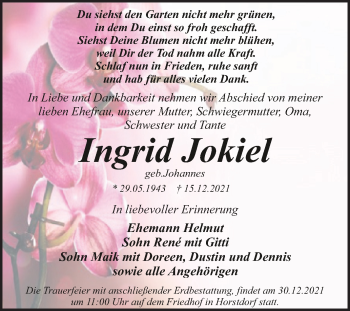 Traueranzeige von Ingrid Jokiel von Trauerkombi Wittenberg