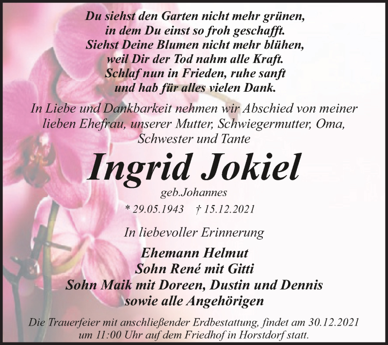  Traueranzeige für Ingrid Jokiel vom 24.12.2021 aus Trauerkombi Wittenberg