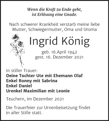 Traueranzeige von Ingrid König von Trauerkombi Weißenfels
