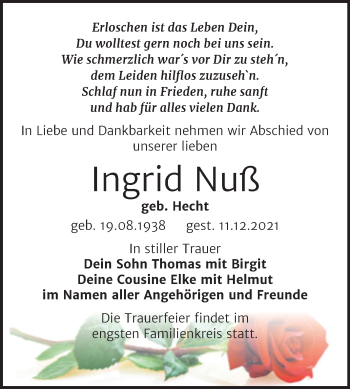 Traueranzeige von Ingrid Nuß von Trauerkombi Bitterfeld