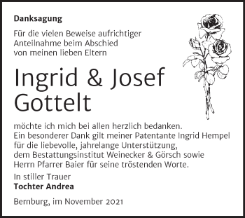 Traueranzeige von Ingrid und Josef Gottelt von Trauerkombi Bernburg