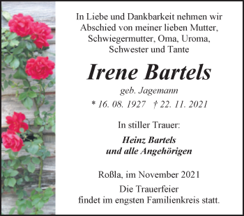 Traueranzeige von Irene Bartels von Mitteldeutsche Zeitung Sangerhausen