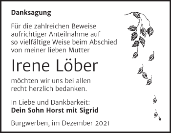 Traueranzeige von Irene Löber von Trauerkombi Weißenfels