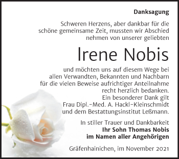 Traueranzeige von Irene Nobis von Trauerkombi Wittenberg