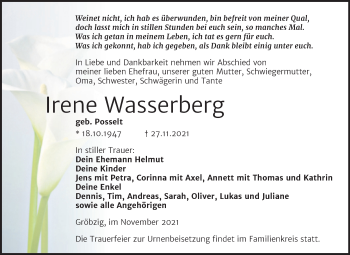 Traueranzeige von Irene Wasserberg von Trauerkombi Köthen