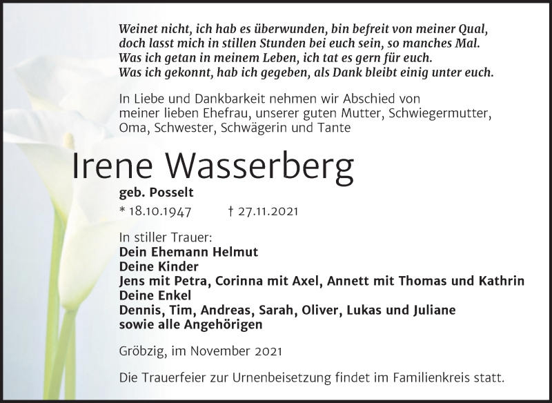  Traueranzeige für Irene Wasserberg vom 02.12.2021 aus Trauerkombi Köthen