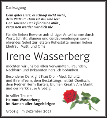 Traueranzeige von Irene Wasserberg von Trauerkombi Köthen