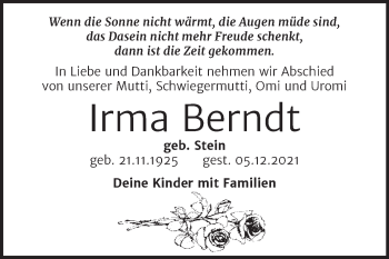 Traueranzeige von Irma Berndt von Trauerkombi Dessau