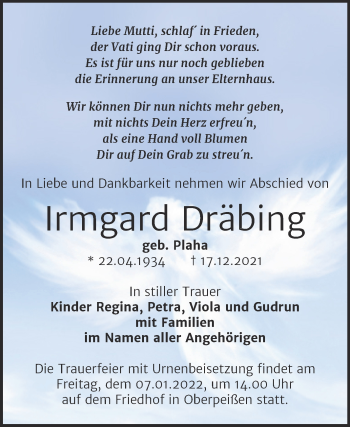 Traueranzeige von Irmgard Dräbing von Trauerkombi Bernburg