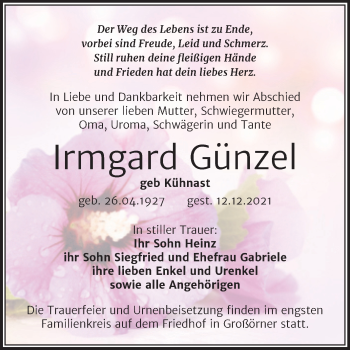 Traueranzeige von Irmgard Günzel von Trauerkombi Mansfelder Land