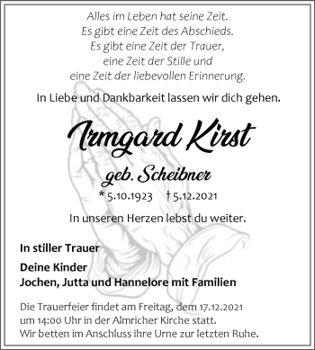 Traueranzeige von Irmgard Kirst von Naumburger Tageblatt