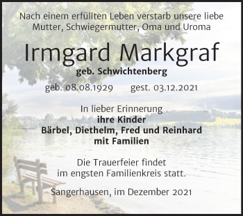 Traueranzeige von Irmgard Markgraf von Trauerkombi Sangerhausen