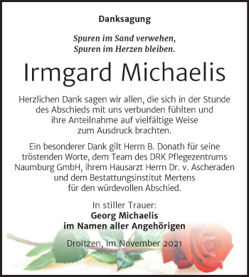 Traueranzeige von Irmgard Michaelis von Wochenspiegel Naumburg/Nebra