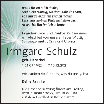 Traueranzeige von Irmgard Schulz von Trauerkombi Köthen