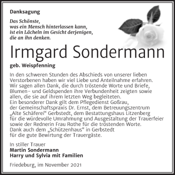 Traueranzeige von Irmgard Sondermann von Mitteldeutsche Zeitung Mansfelder Land