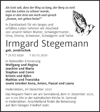 Traueranzeige von Irmgard Stegemann von Trauerkombi Quedlinburg