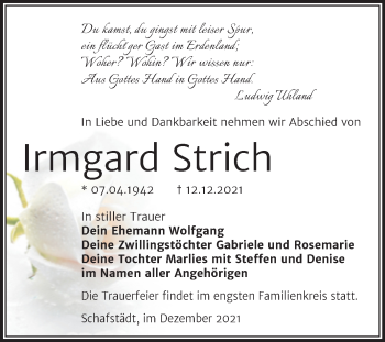 Traueranzeige von Irmgard Strich von Trauerkombi Merseburg