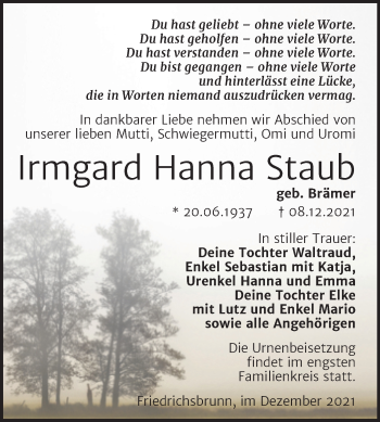 Traueranzeige von Irmgard Hanna Staub von Trauerkombi Quedlinburg