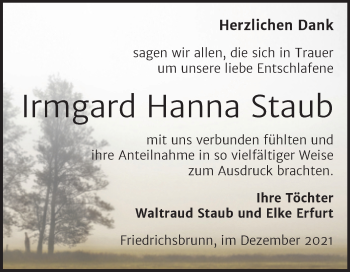 Traueranzeige von Irmgard Hanna Staub von Trauerkombi Quedlinburg