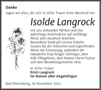 Traueranzeige von Isolde Langrock von Trauerkombi Merseburg