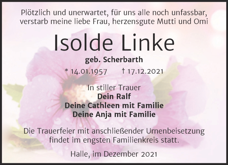  Traueranzeige für Isolde Linke vom 31.12.2021 aus Mitteldeutsche Zeitung Halle/Saalkreis